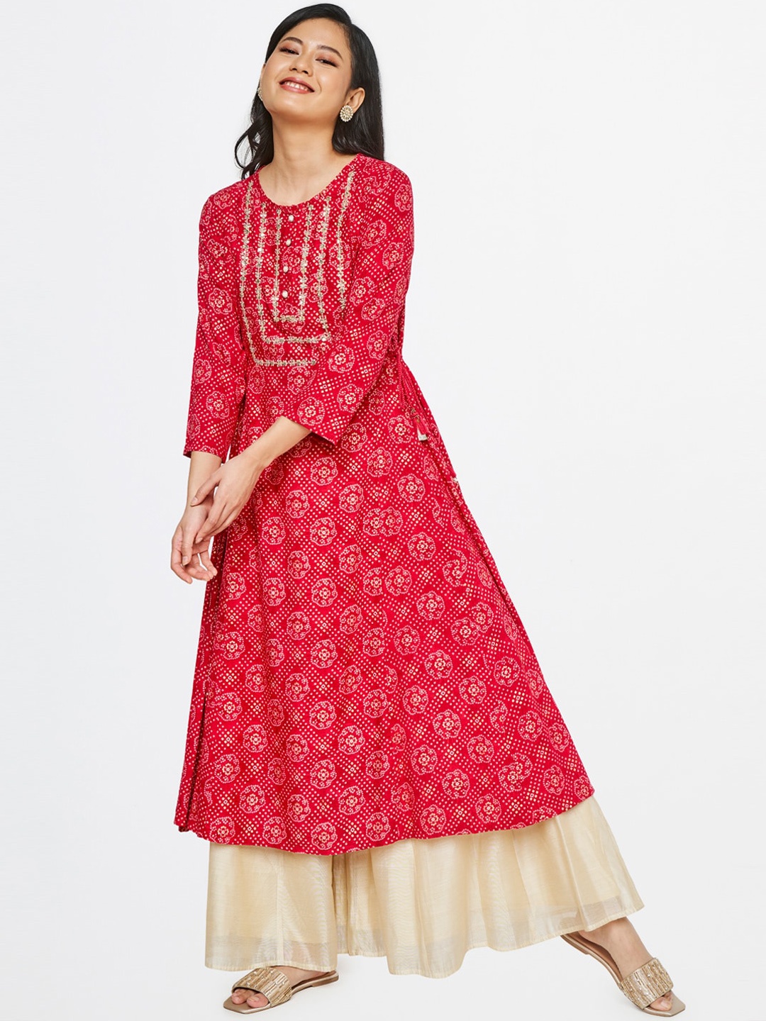 

Global Desi Women Pink Ethnic Motifs Printed Thread Work Anarkali Kurta