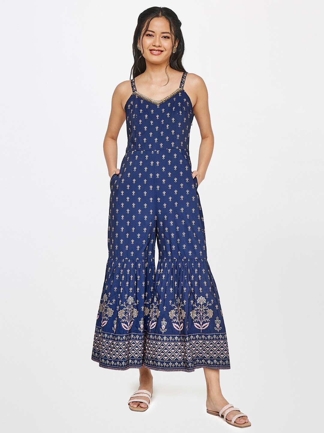 

Global Desi Women Blue & White Printed Basic Jumpsuit