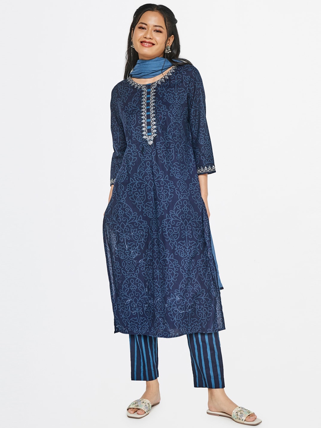Global Desi Pure Cotton Ethnic Printed Kurta & Trouser, Blue