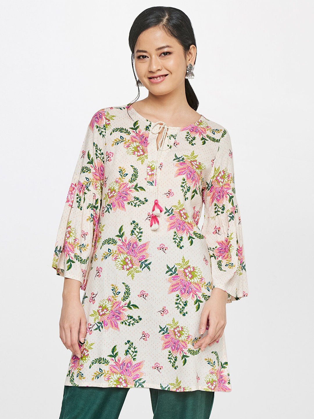 

Global Desi Off White & Green Viscose Rayon Printed Tunic