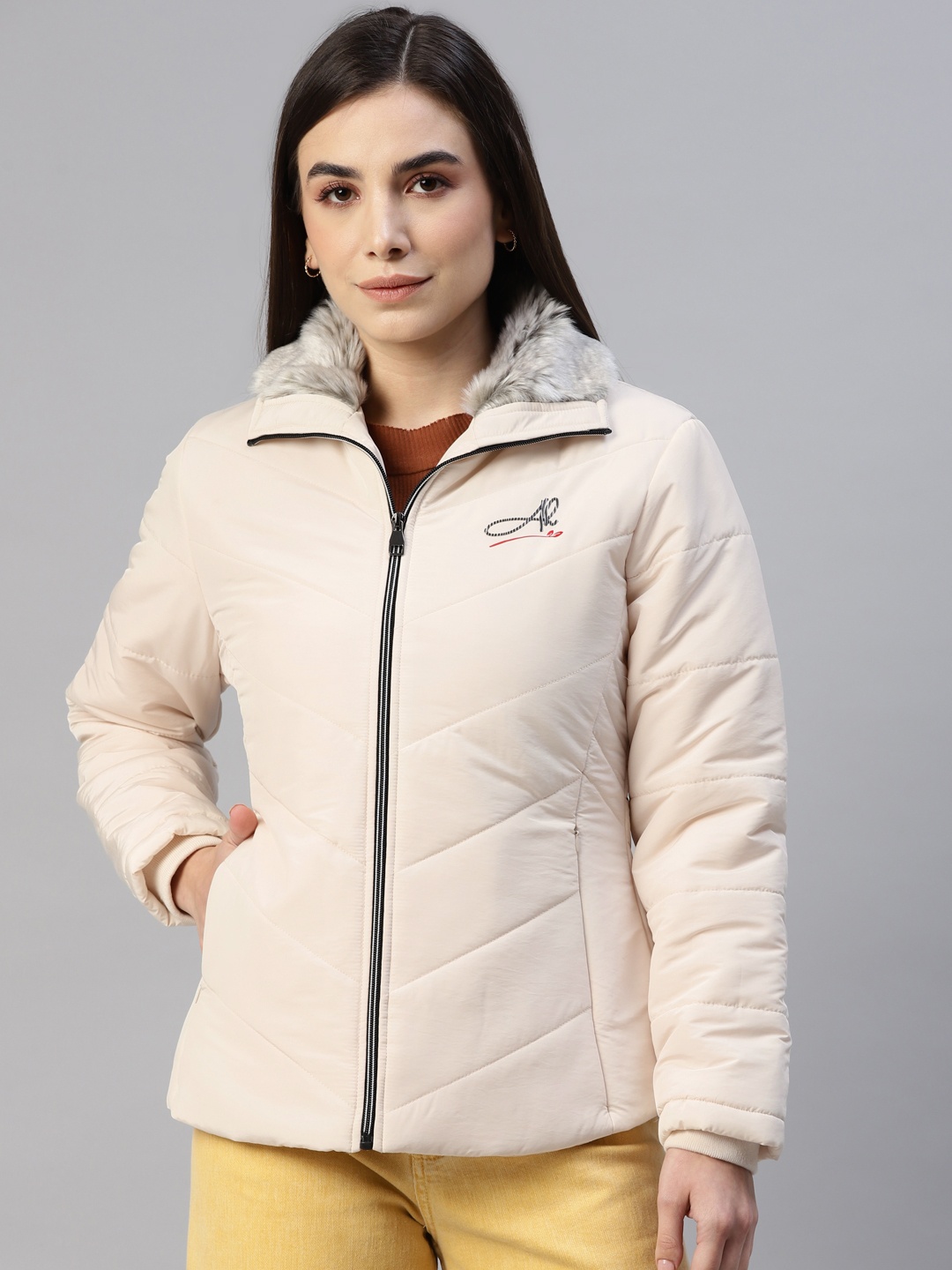 Foreign Culture By Fort Collins Women Off White Solid Padded Jacket