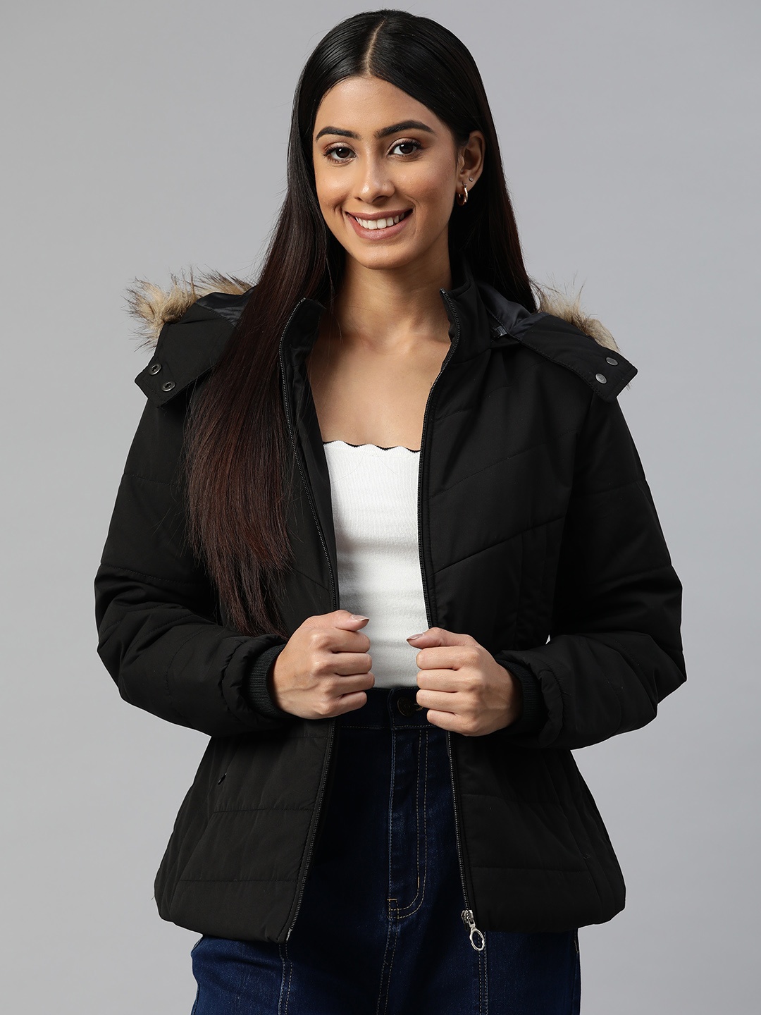 

Foreign Culture By Fort Collins Women Black Solid Hooded Parka Jacket