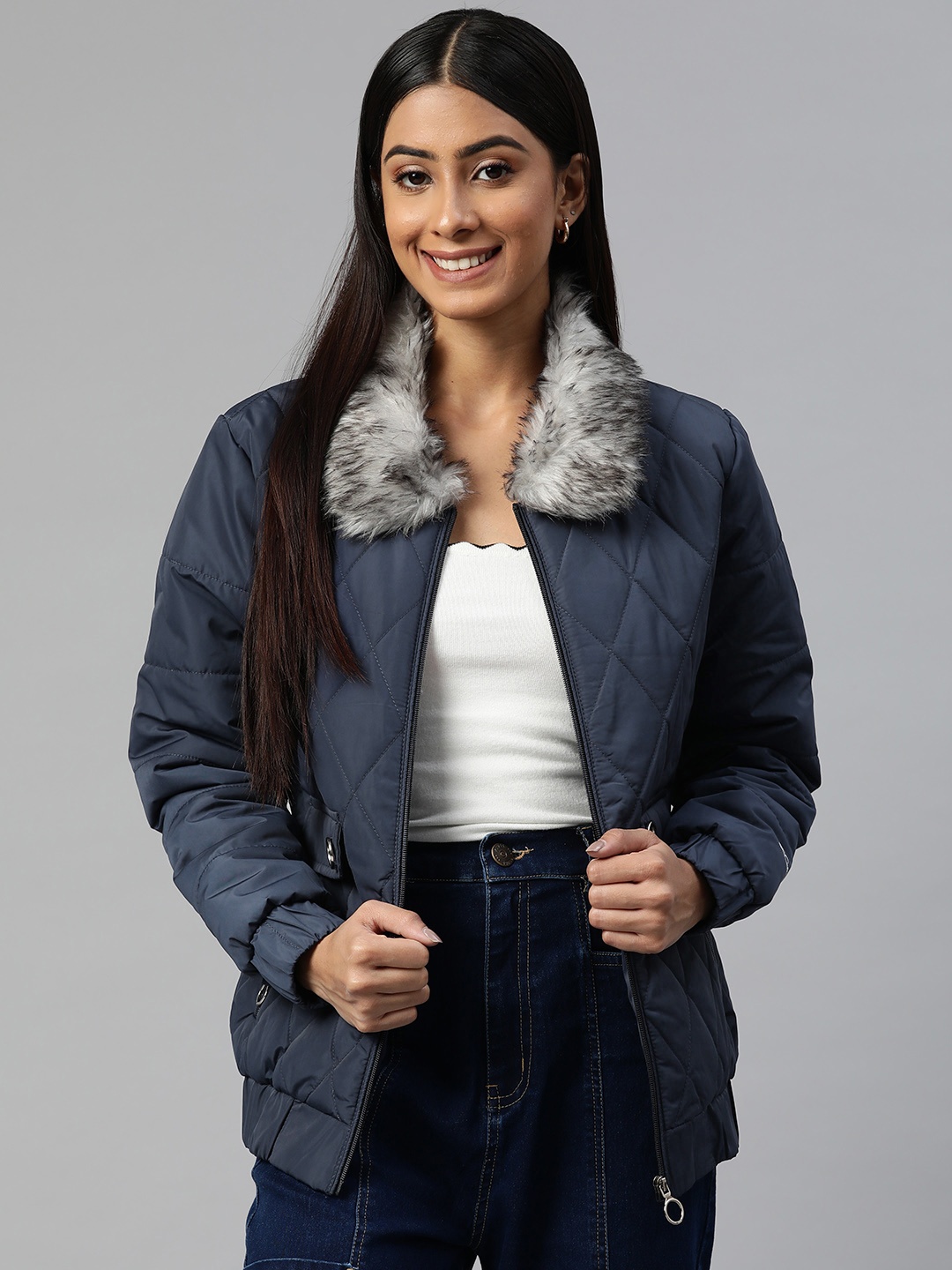 

Foreign Culture By Fort Collins Women Navy Blue Solid Padded Jacket