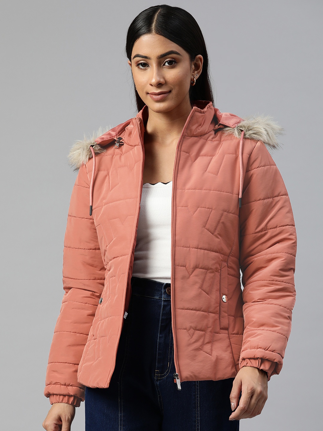 

Foreign Culture By Fort Collins Women Peach-Coloured Solid Hooded Parka Jacket