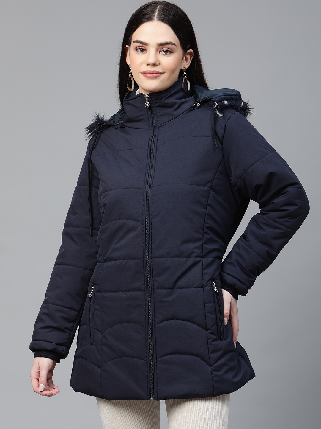 

Foreign Culture By Fort Collins Women Navy Blue Longline Parka Jacket