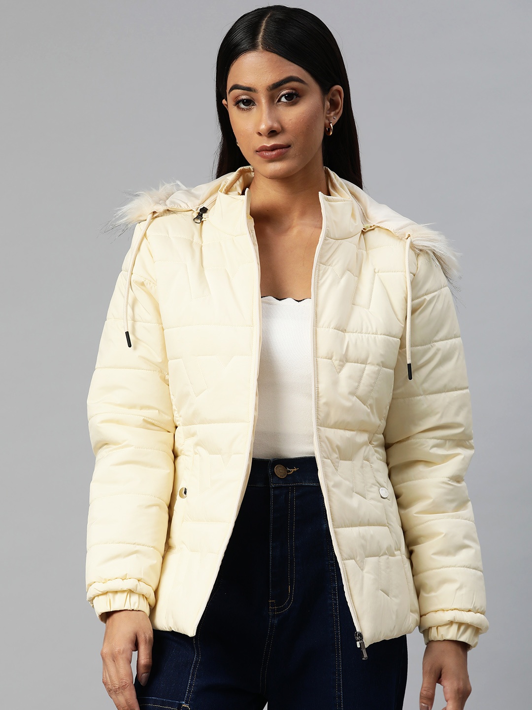 Foreign Culture By Fort Collins Women Off White Solid Hooded Parka Jacket