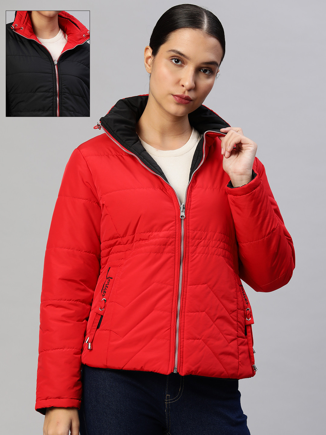 

Foreign Culture By Fort Collins Women Red & Black Solid Reversible Padded Jacket