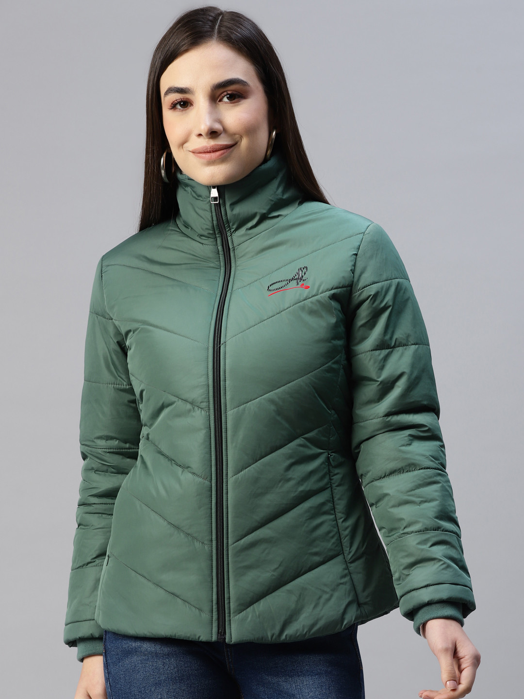 

Foreign Culture By Fort Collins Women Green Solid Padded Jacket