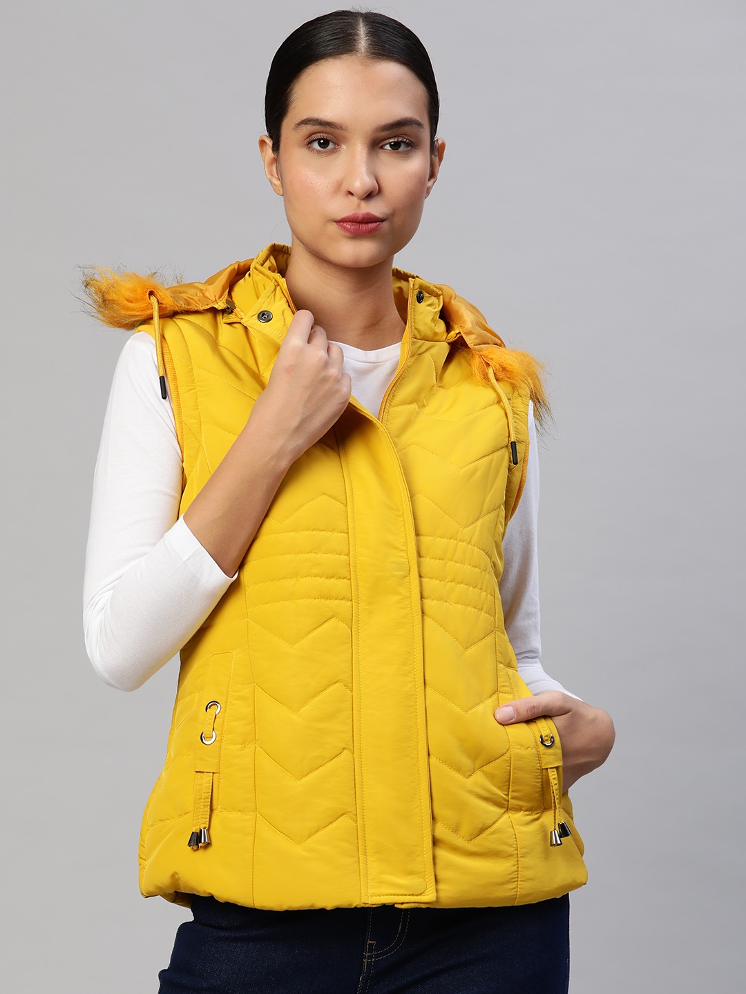 

Foreign Culture By Fort Collins Women Yellow Solid Faux Fur Trim Parka Jacket