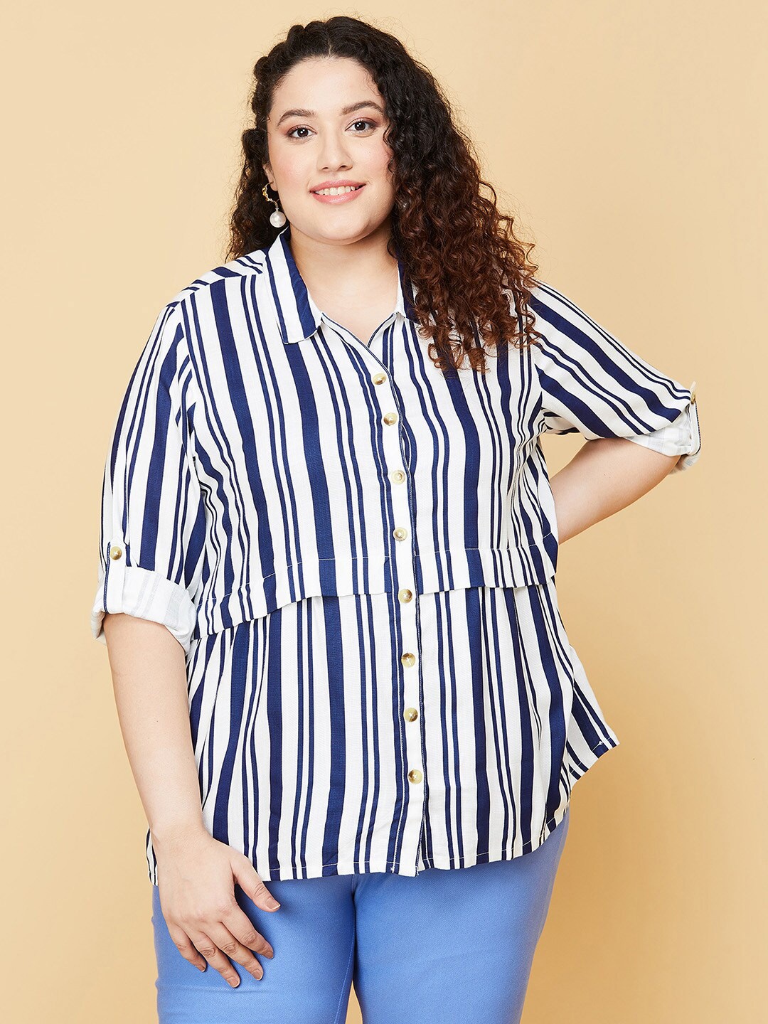 

max Women Cream-Coloured Striped Casual Shirt