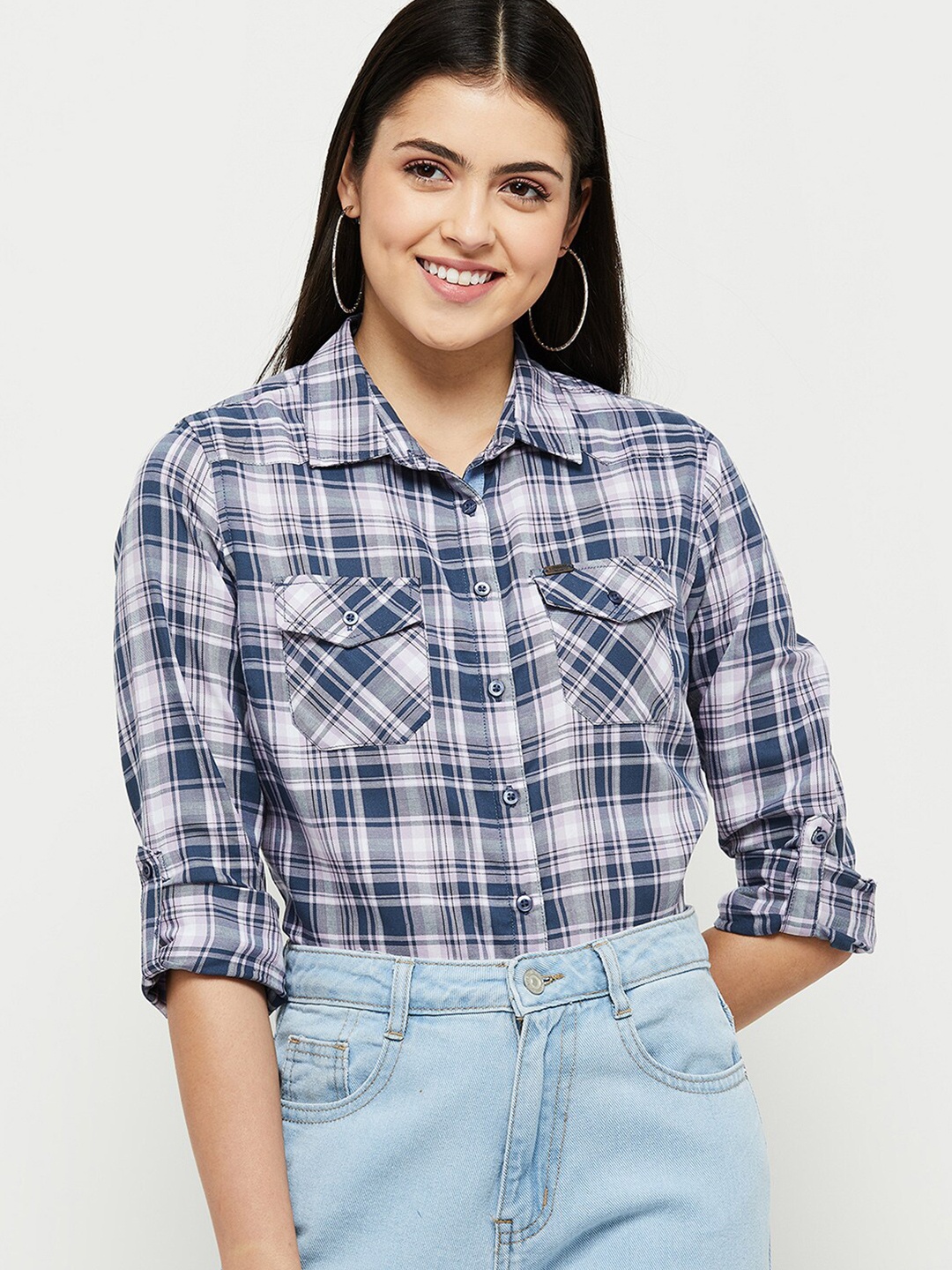 

max Women Blue Tartan Checked Casual Shirt