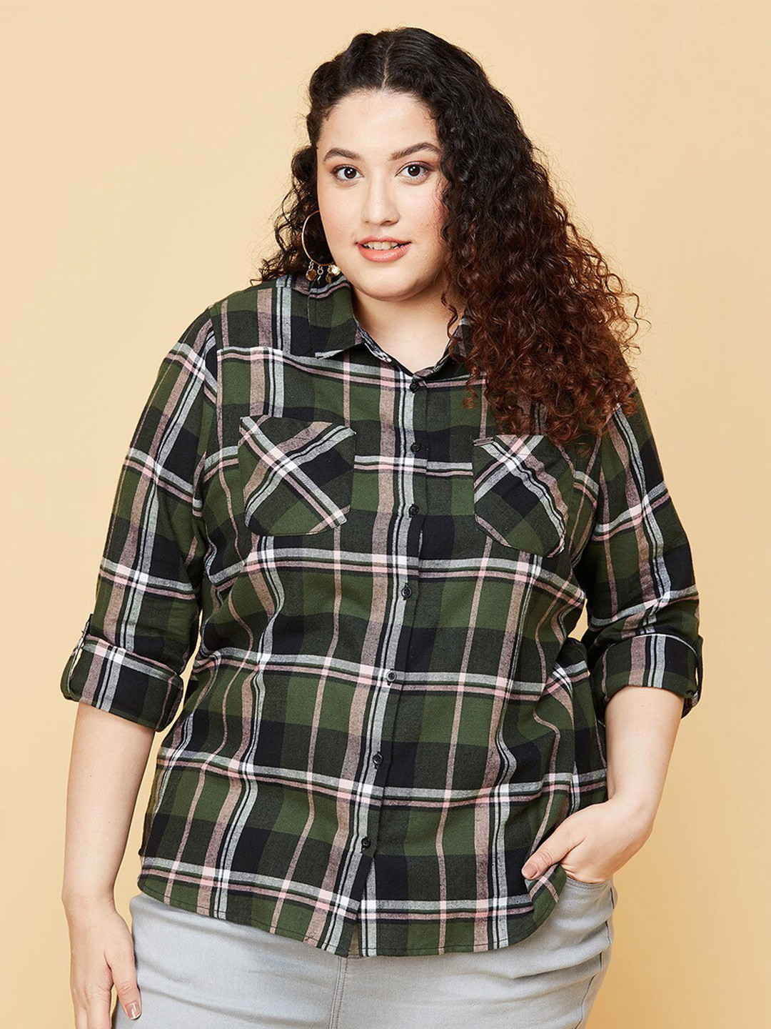 

max Women Green Tartan Checks Checked Cotton Casual Shirt