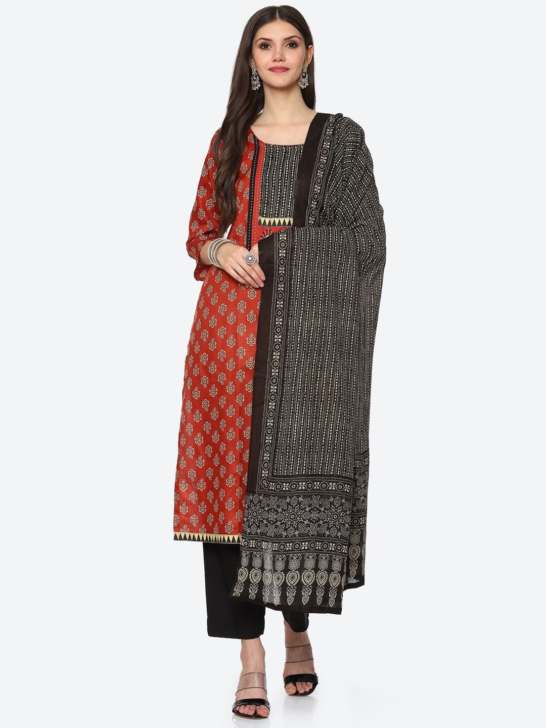

Biba Orange & Black Printed Satin Unstitched Dress Material