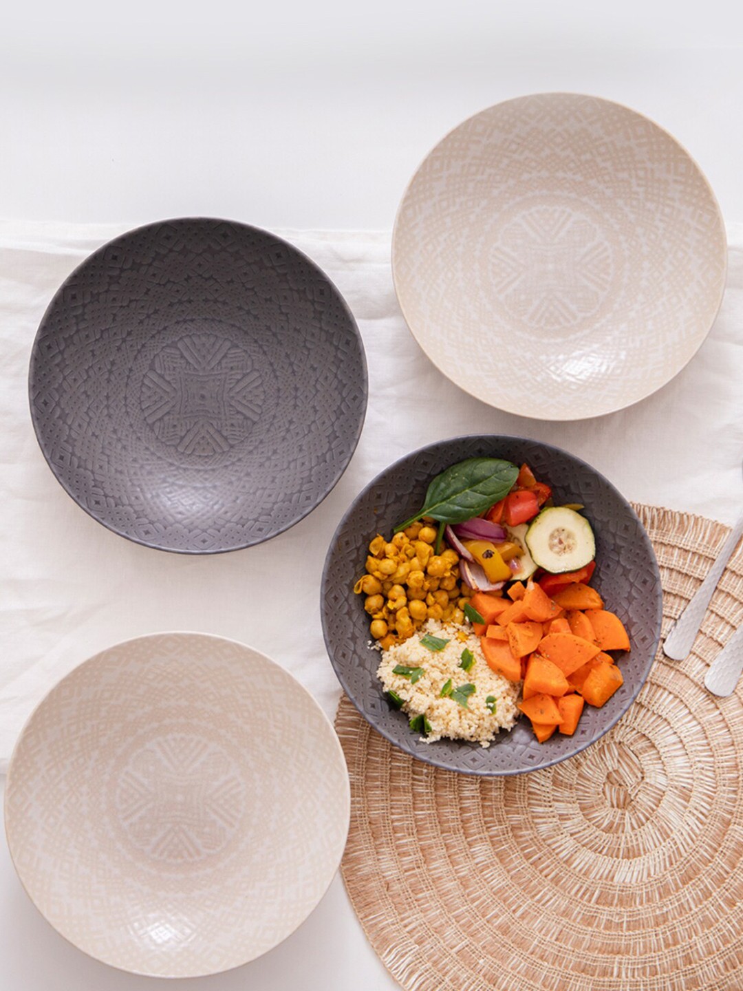 

KitchenCraft 4 Pieces Dishwasher And Microwave Safe Printed Stoneware Glossy Bowls, Black