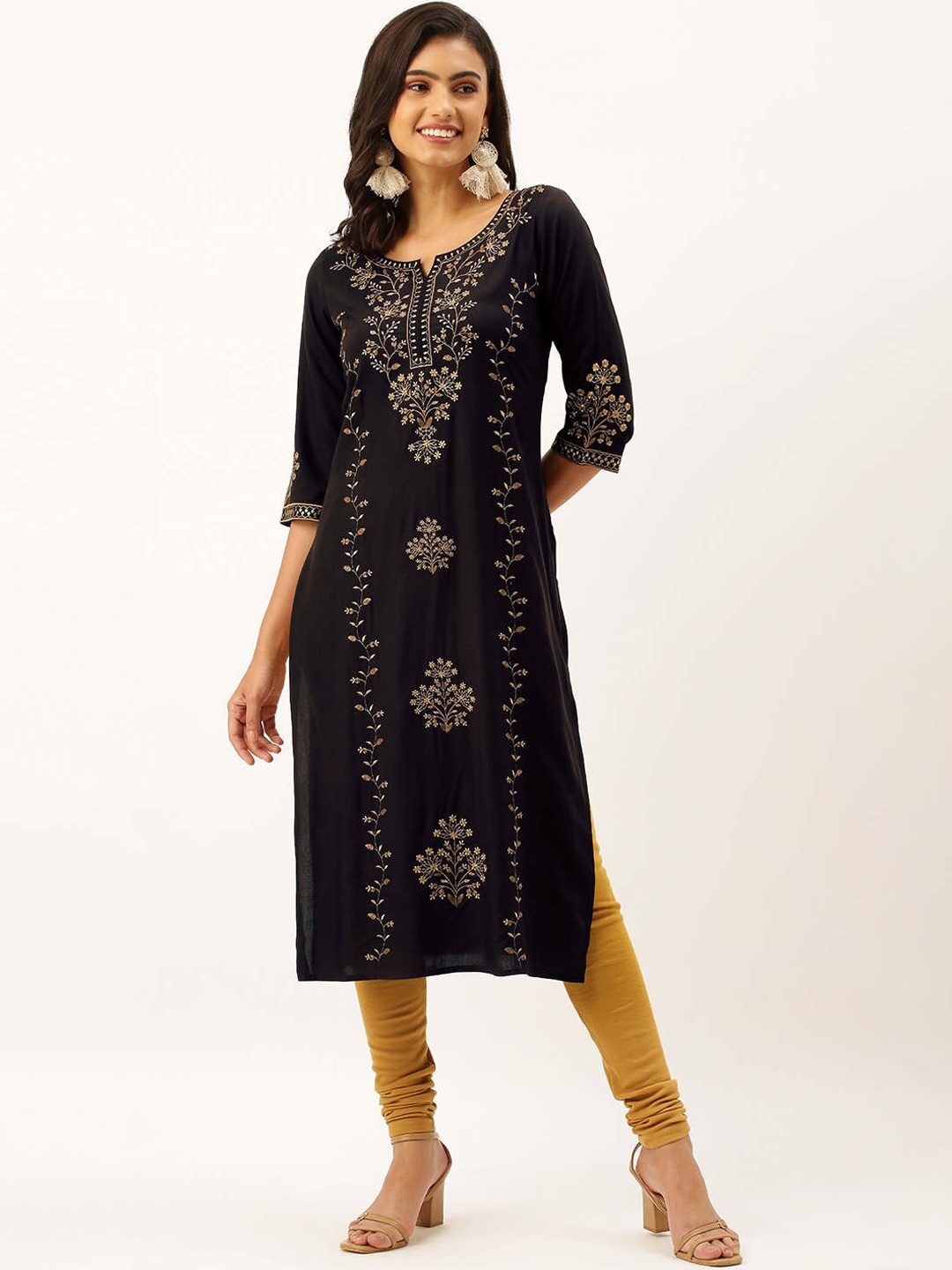 

ZOLA Women Brown Floral Embroidered Keyhole Neck Flared Sleeves Kurta