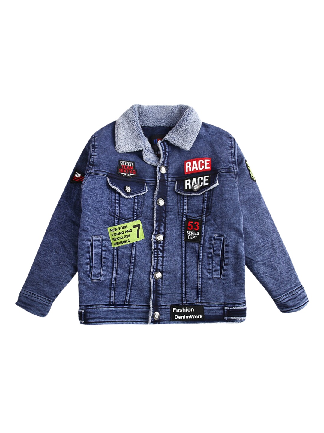 

V-Mart Boys Blue Red Checked Lightweight Denim Jacket with Patchwork