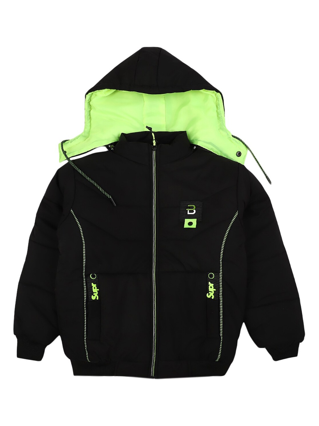 

V-Mart Boys Black Fluorescent Green Colourblocked Lightweight Bomber Jacket