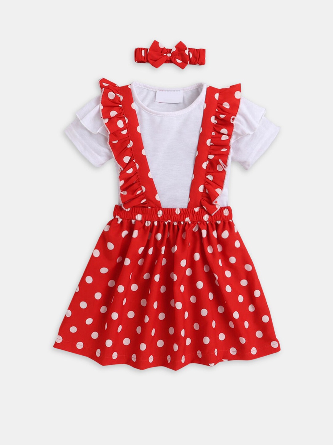 

Hopscotch Girls White & Red Pure Cotton T-shirt Skirt With Hair Band