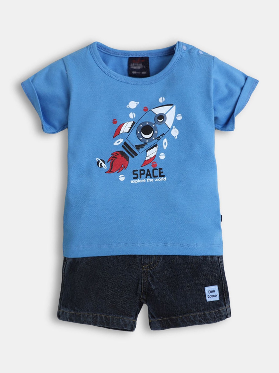 

Hopscotch Boys Blue & Navy Blue Printed T-shirt with Shorts
