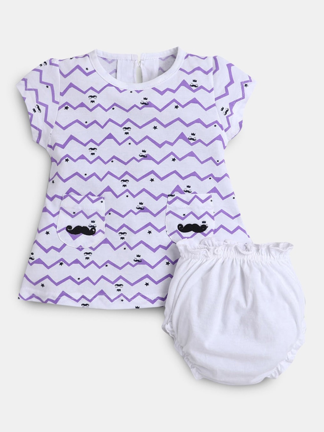 

Hopscotch Girls Purple & White Print Cotton Casual Dress And Bloomer