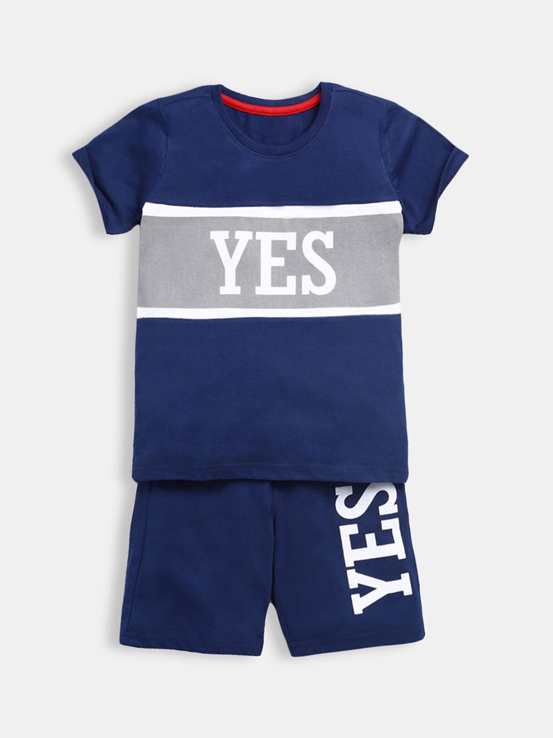 Hopscotch Boys Navy Blue & White Printed T-shirt with Shorts