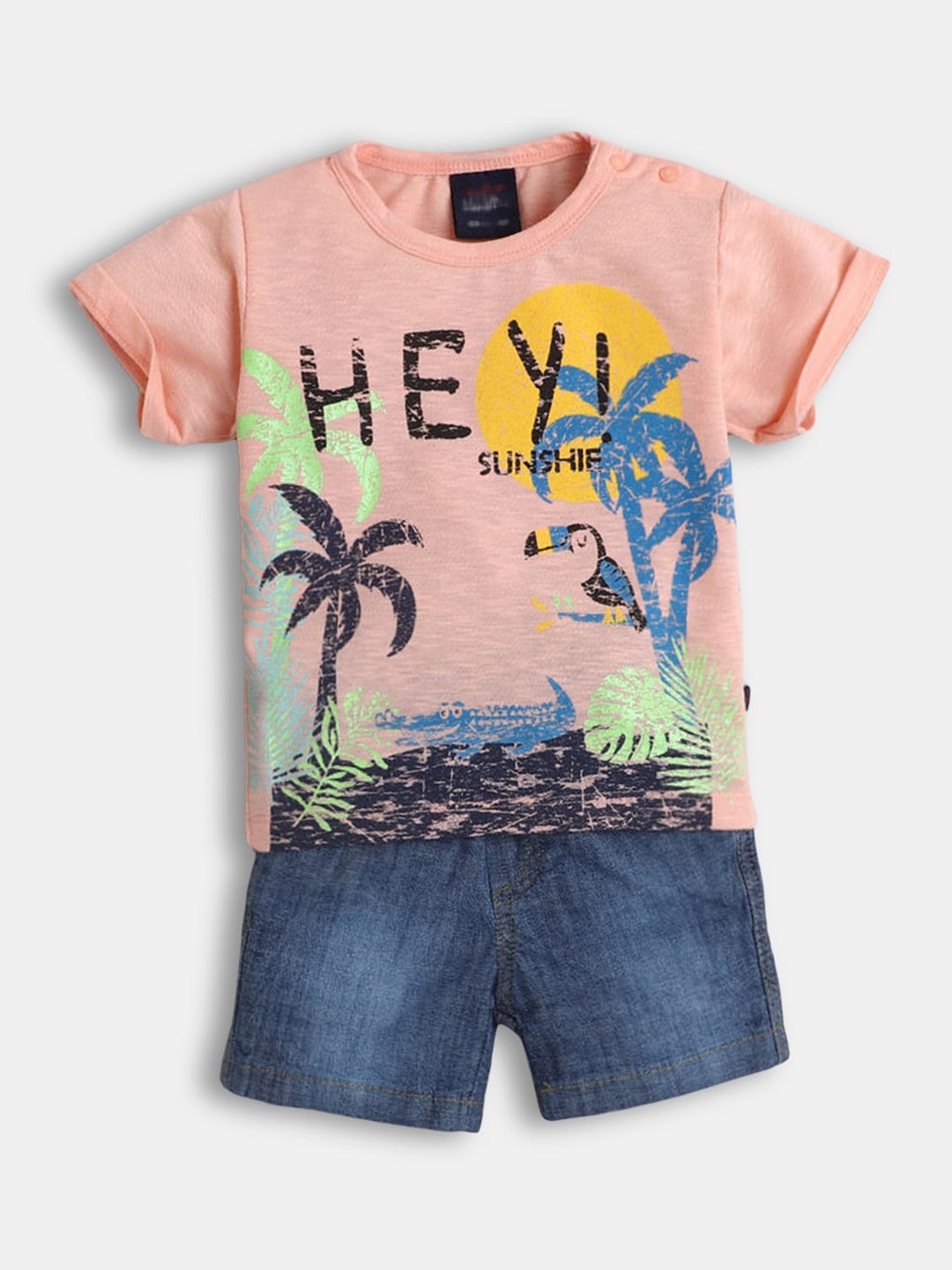 

Hopscotch Boys Coral & Blue Printed Pure Cotton T-shirt with Shorts