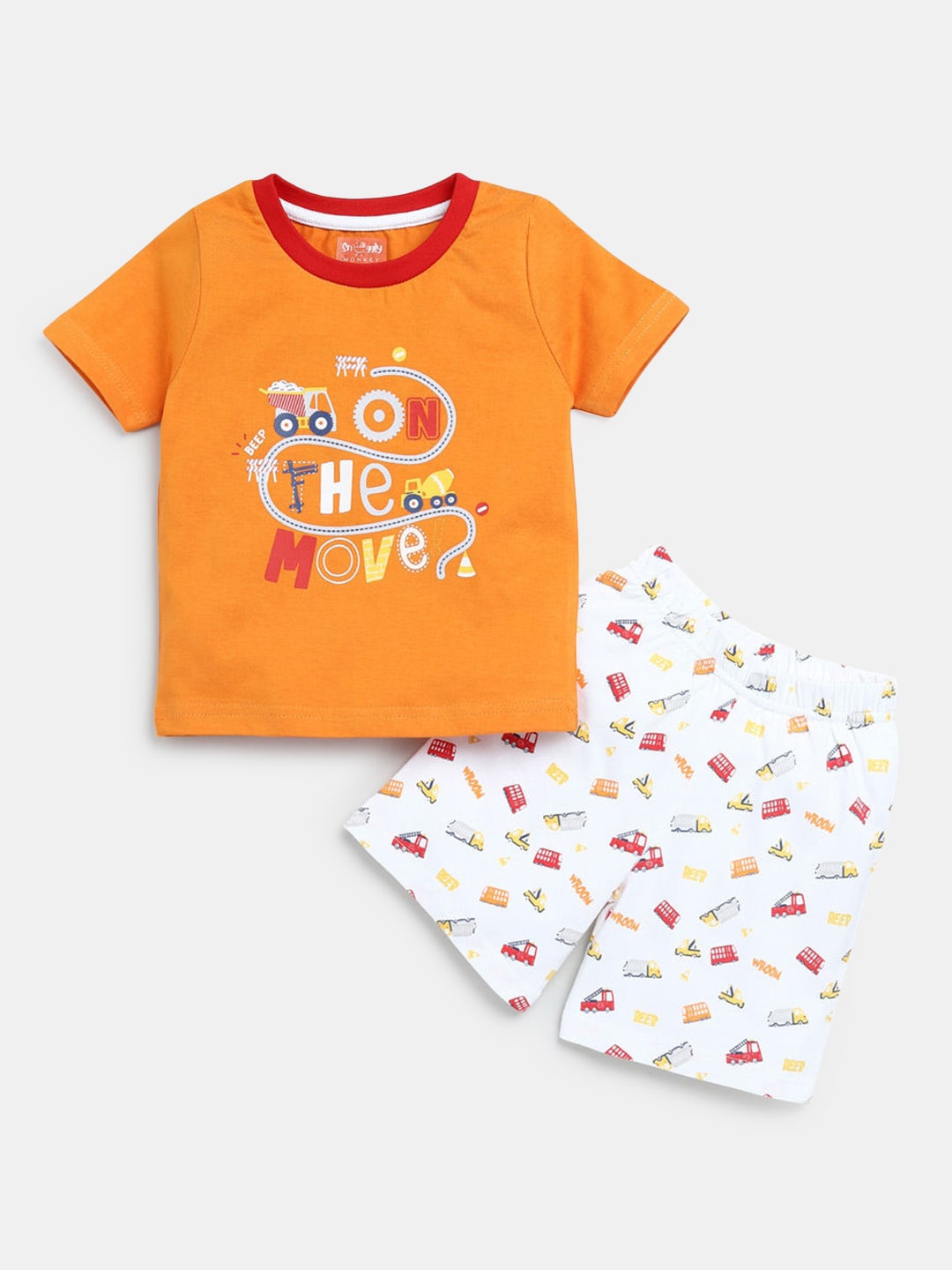 

Hopscotch Boys Orange & Yellow Graphic Printed T-shirt with Shorts