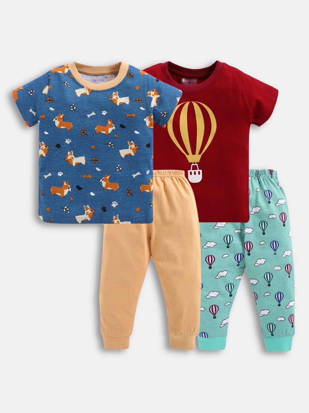 

Hopscotch Boys Pack of 2 Navy Blue & Maroon Printed T-shirt with Trousers
