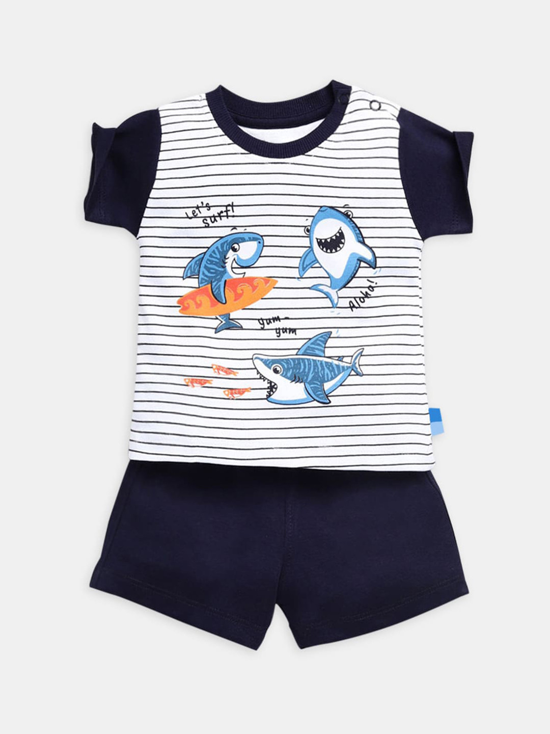 

Hopscotch Boys Navy Blue & Off White Printed T-shirt with Shorts