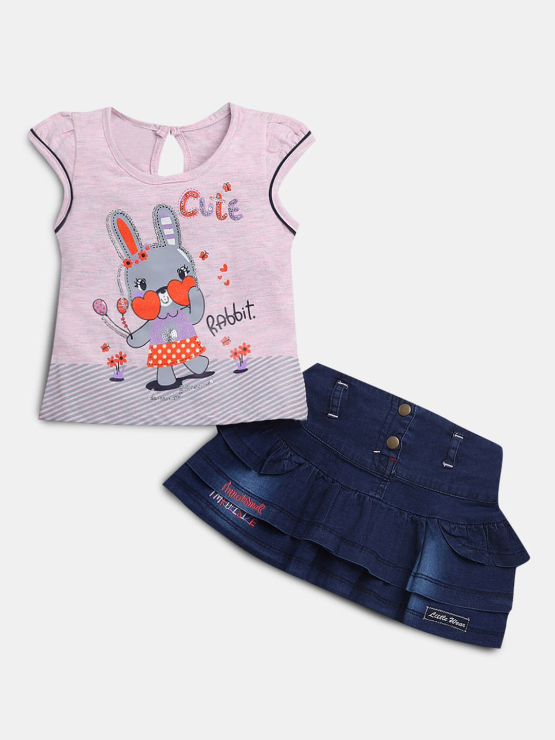 

Hopscotch Girls Pink & Coral Printed Pure Cotton T-shirt with Skirt