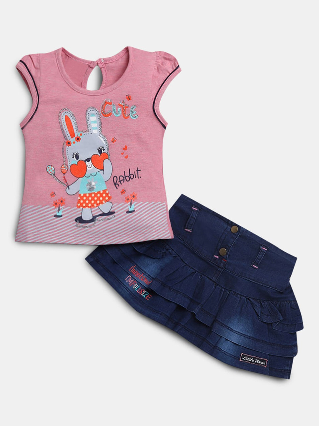 

Hopscotch Girls Peach-Coloured & Blue Printed T-shirt with Skirt