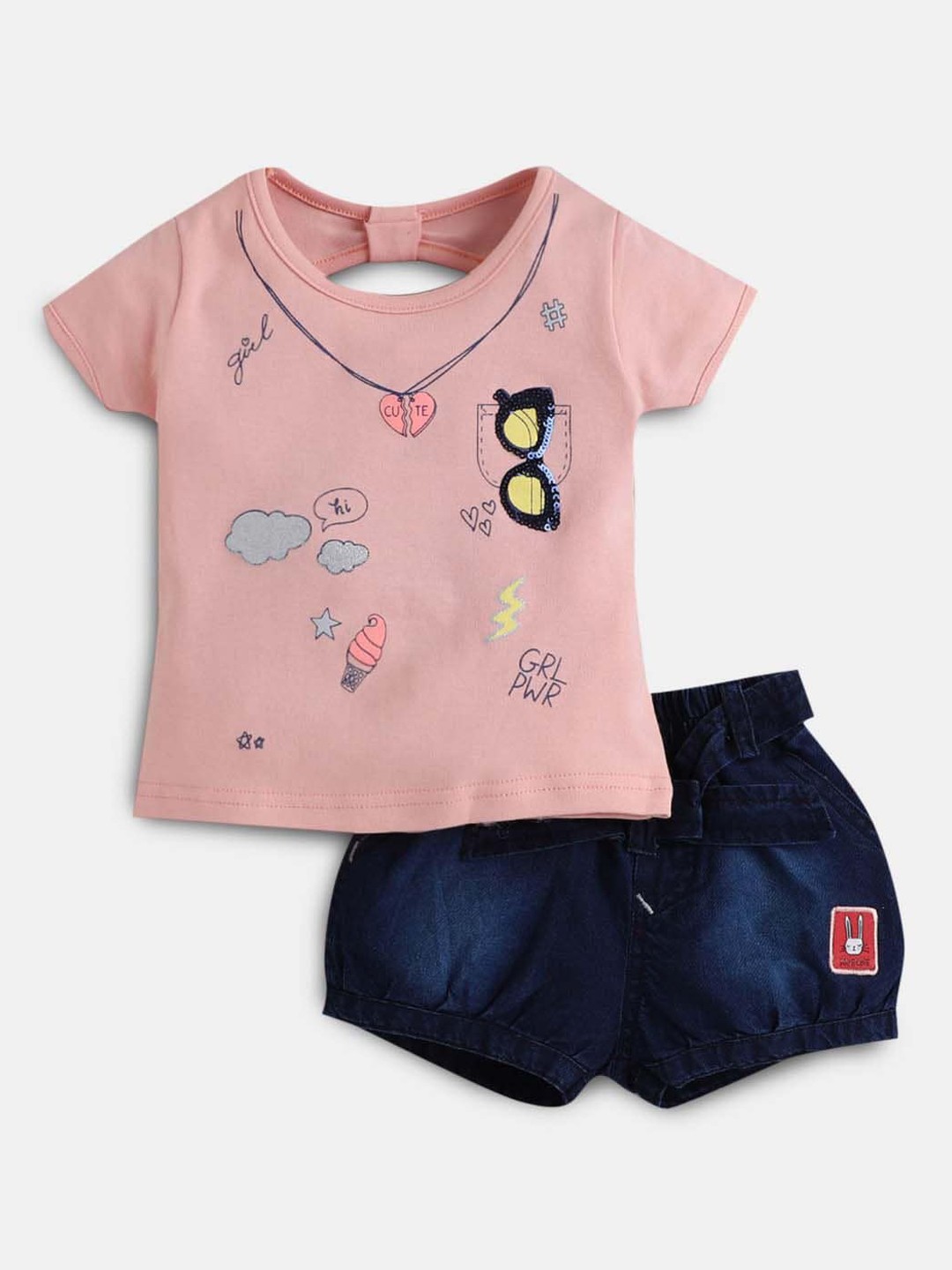 

Hopscotch Girls Peach & Blue Printed T-shirt with Shorts, Pink