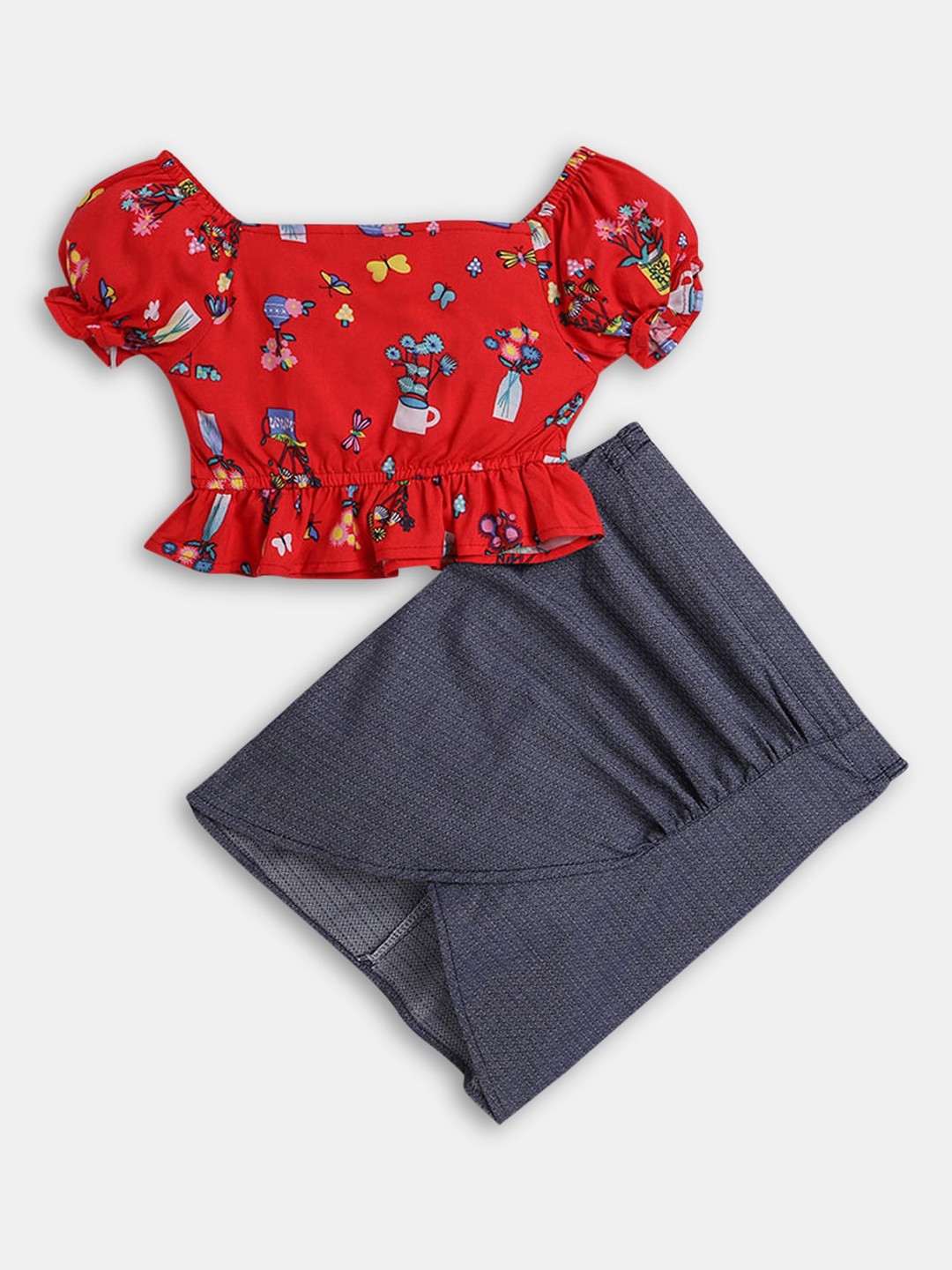 

Hopscotch Girls Red & Grey Printed Pure Cotton Top with Skirt