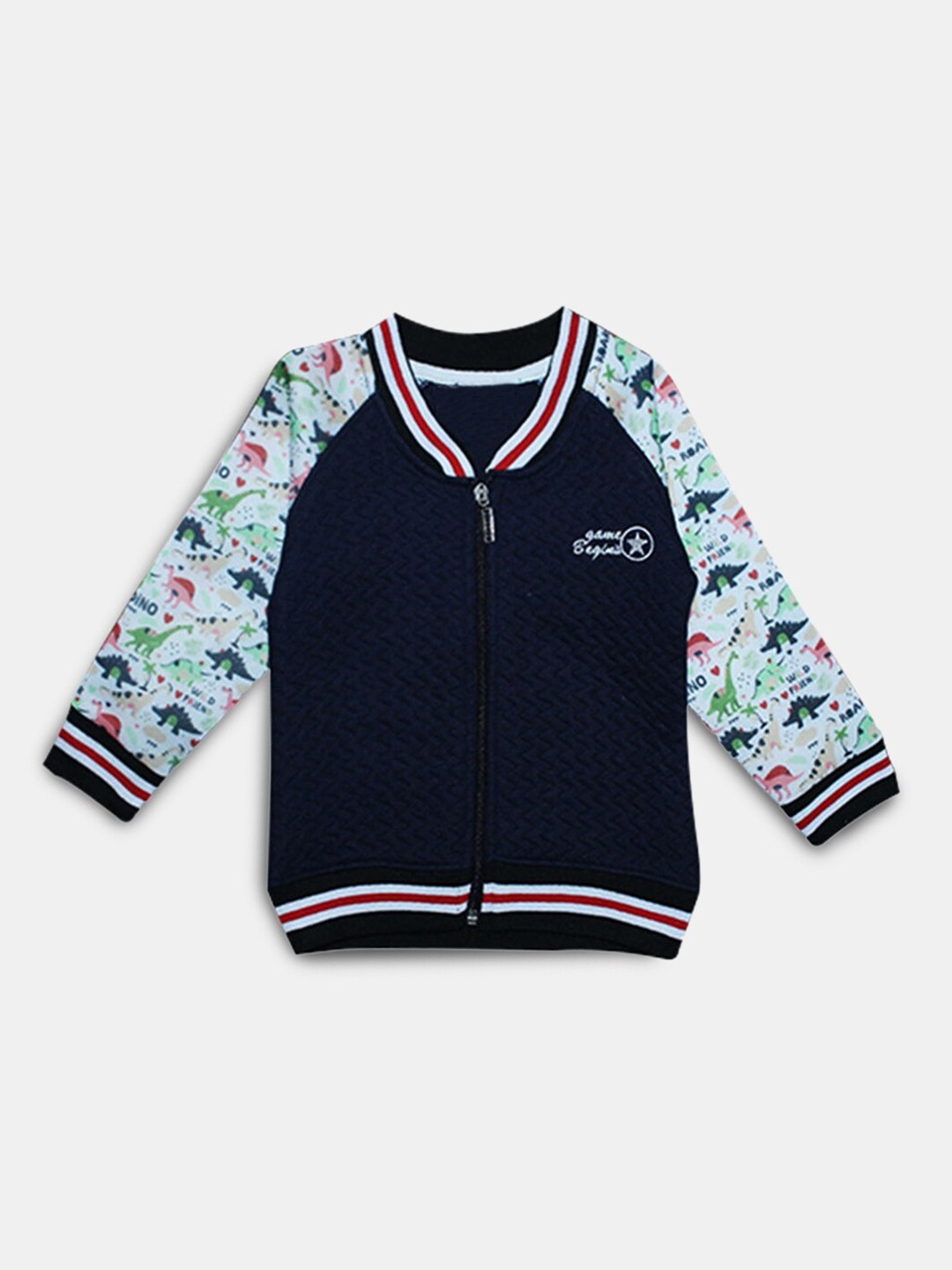 

Hopscotch Boys Navy Blue Animal printed Bomber Jacket