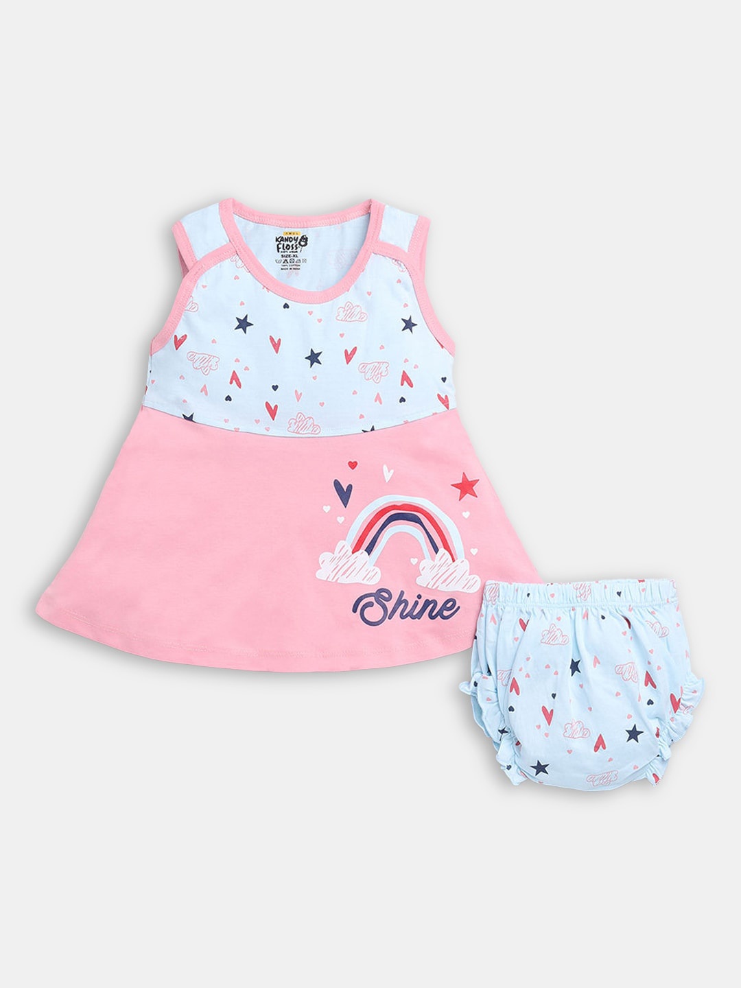 

Hopscotch Girls Pink & Blue Printed Pure Cotton Dress with Shorts