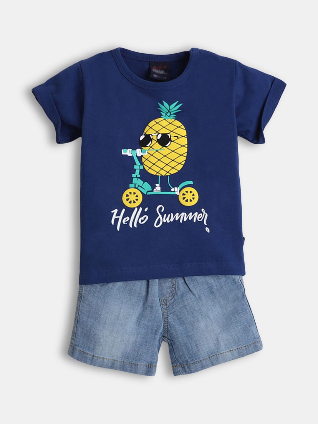 

Hopscotch Boys Navy Blue & Yellow Cotton Printed T-shirt with Shorts