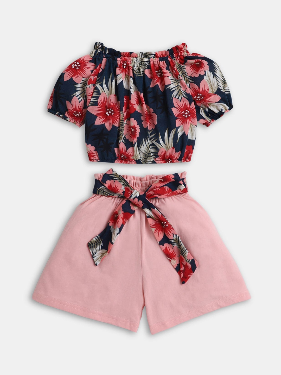 

Hopscotch Girls Navy Blue & Pink Printed Top with Shorts