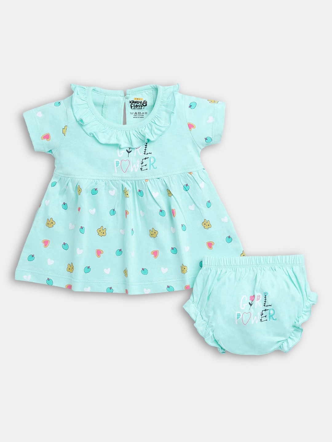

Hopscotch Girls Green & White Printed Pure Cotton Top with Shorts