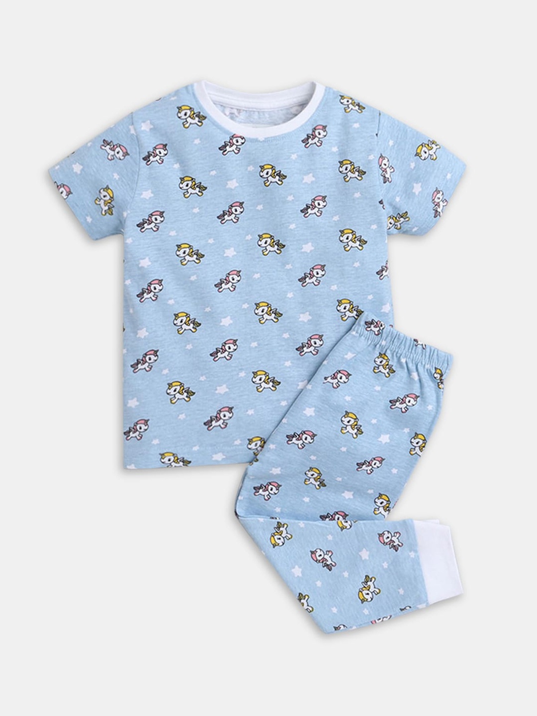 

Hopscotch Girls Blue & Off White Printed Pure Cotton T-shirt with Trousers
