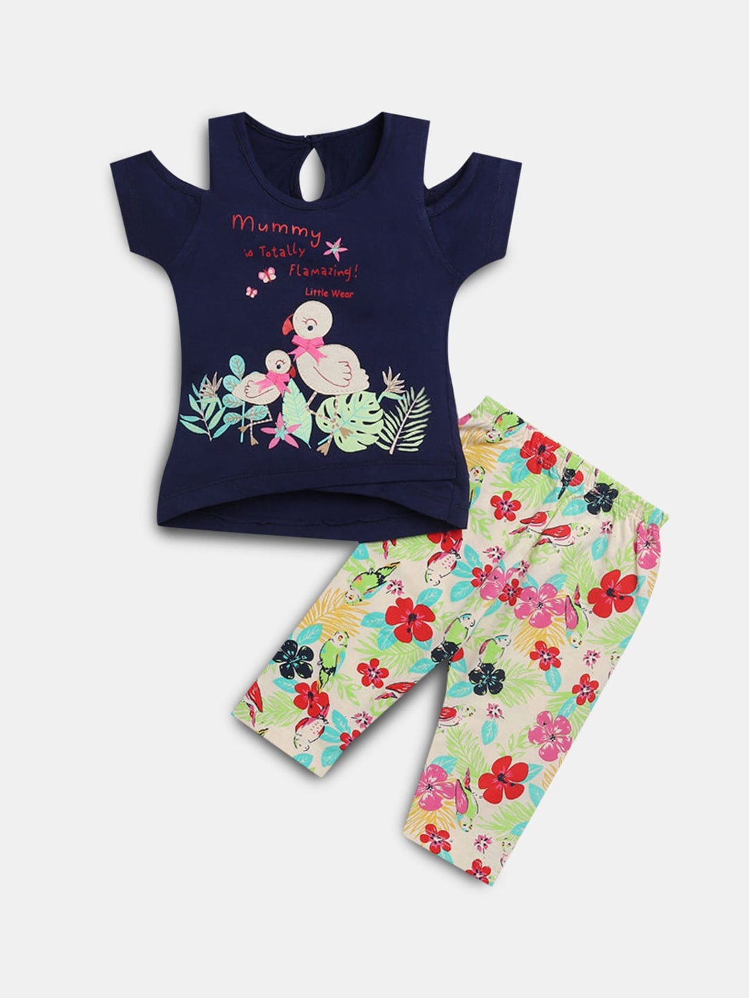 

Hopscotch Girls Navy Blue Printed T-shirt with Legging set