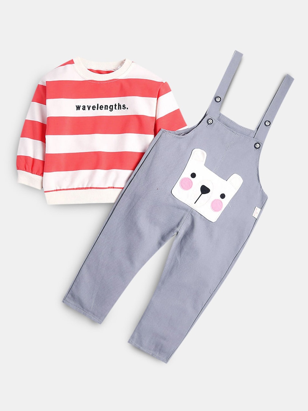 

Hopscotch Boys Grey & Peach Printed Cotton Dungaree With T-shirts