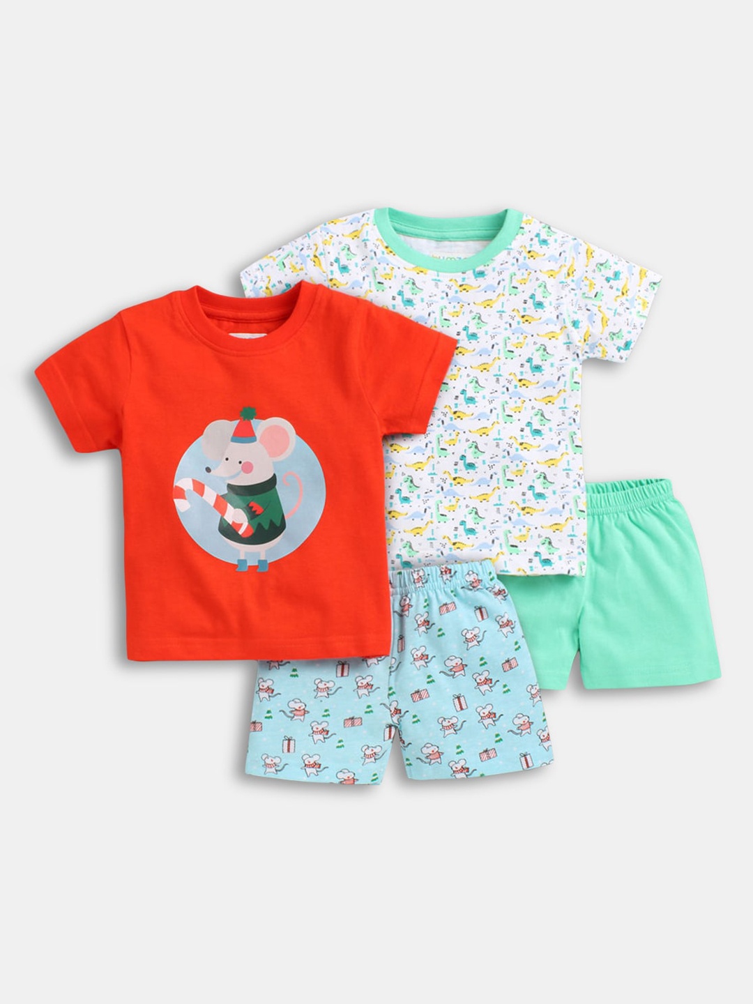 

Hopscotch Boys Pack Of 2 Red & Green Printed T-shirt with Shorts
