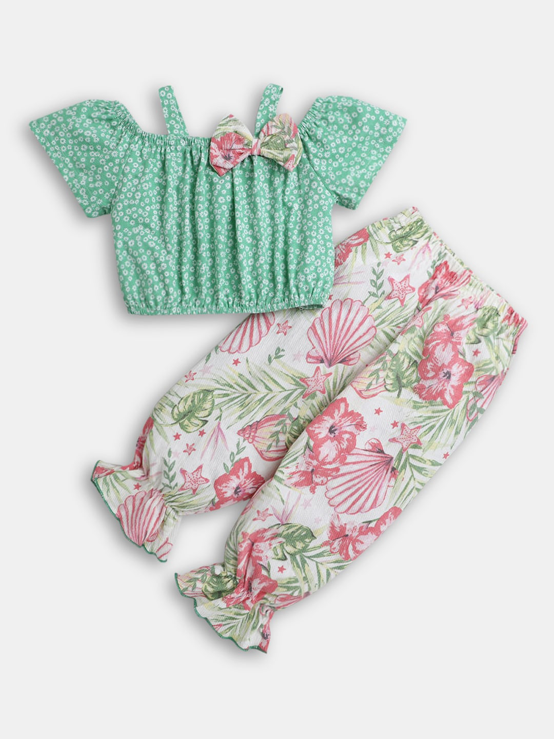 

Hopscotch Girls Green & White Printed Top with Trousers