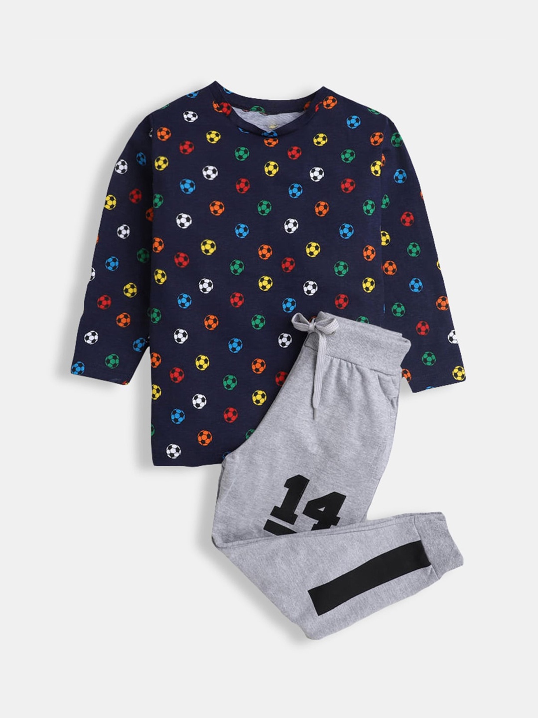 

Hopscotch Boys Navy Blue & Grey Melange Printed T-shirt with Trousers