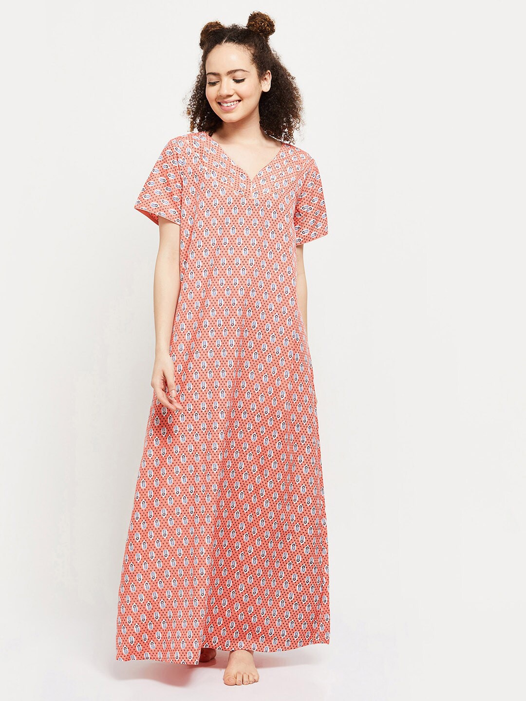 

max Women Peach-Coloured Polyester Printed Maxi Nightdress