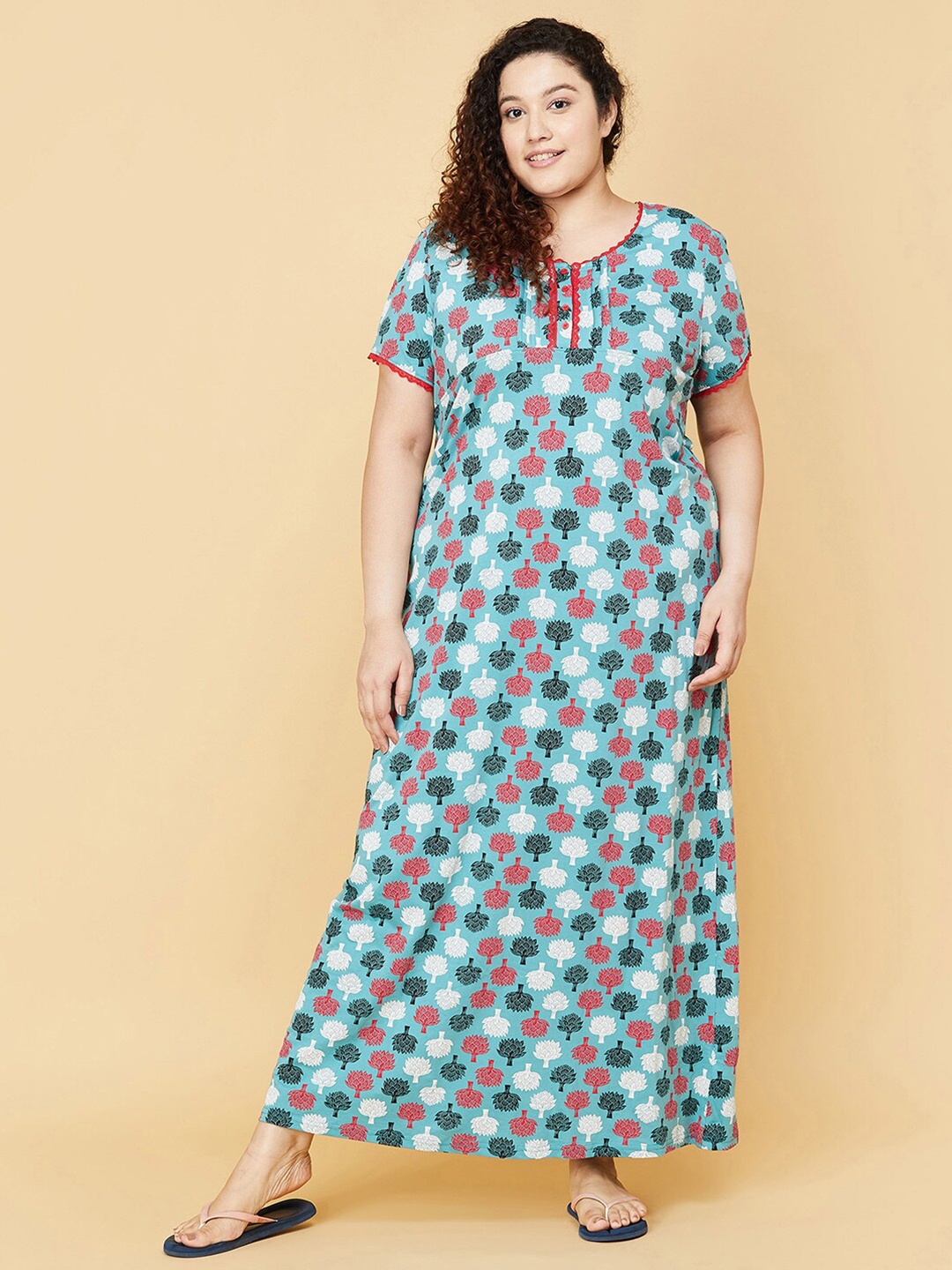 

max Plus Size Teal Blue Printed Pure cotton Maxi Nightdress