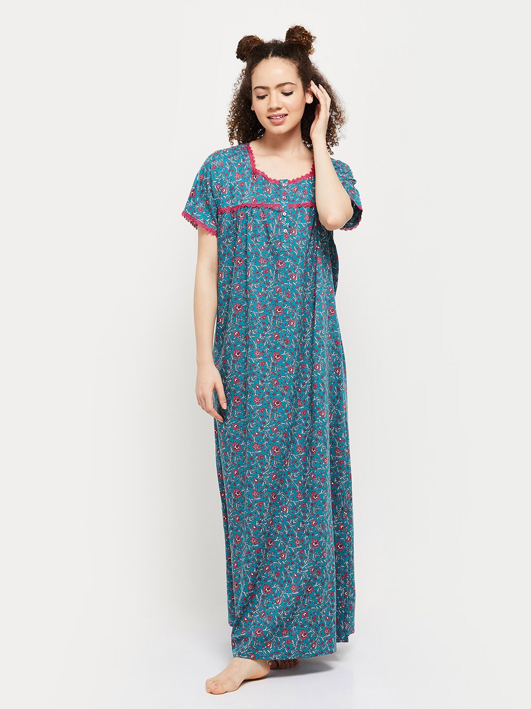 

max Women Teal & Pink Printed Maxi Nightdress