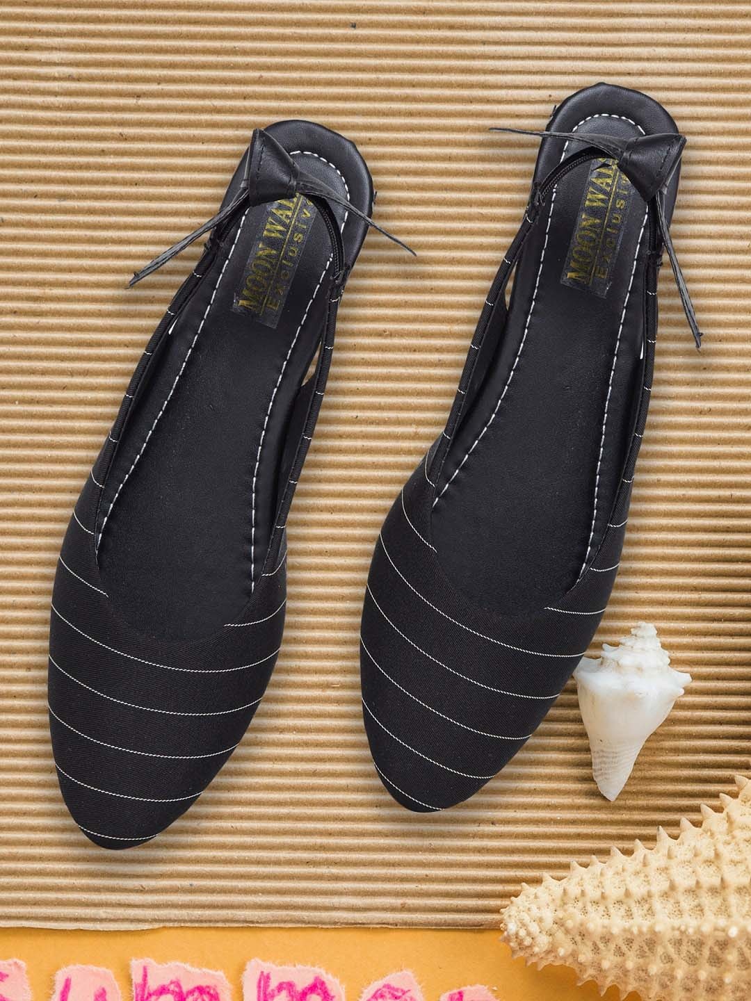 

Moonwalk Women Black Striped Synthetic Mules with Bows Flats