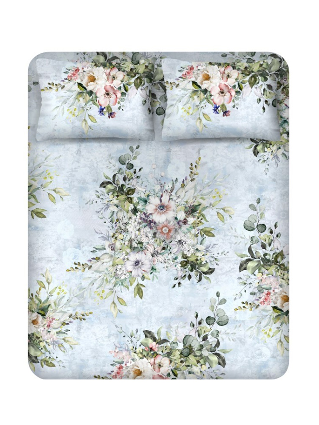 

TARA- Sparkling Homes Off White & Green Floral 350 TC King Bedsheet with 2 Pillow Covers