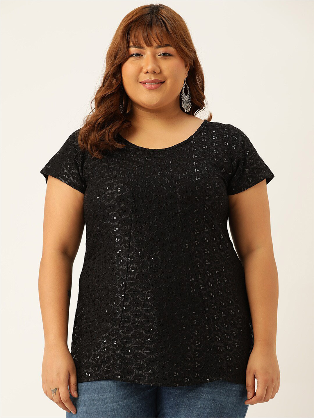 

theRebelinme Women Plus Size Black Floral Embellished Sequinned Top
